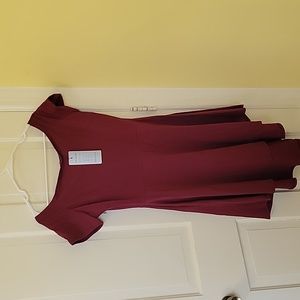 Burgandy, cap sleeve boat neck asymmetrical hem dress